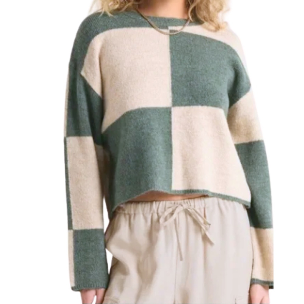 Z Supply Cream Green Colorblock Crop Crewneck Sweater Top XL Beige Twee Retro - Picture 1 of 9